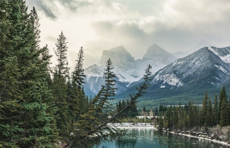 Banff Park - green pine trees near lake and snow covered mountain during daytime