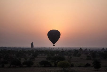 Bagan Temples - silhouette of hot air balloon during sunset
