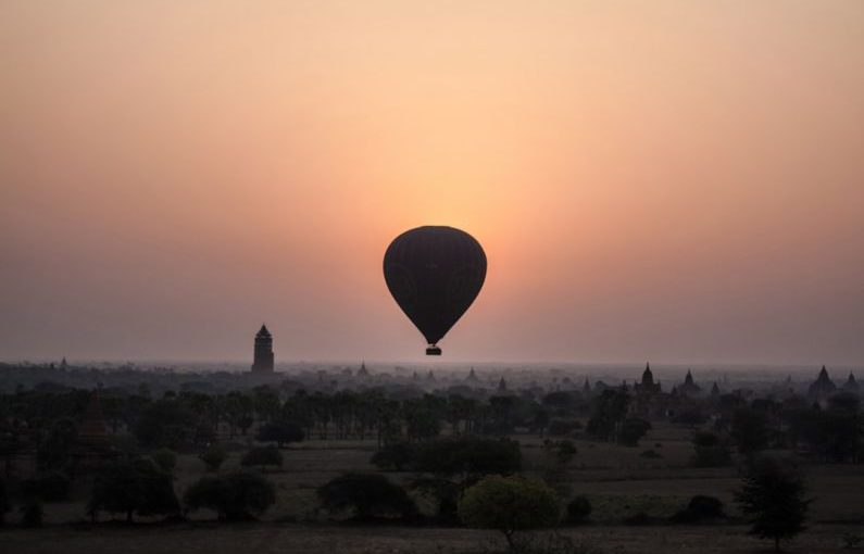 Bagan Temples - silhouette of hot air balloon during sunset