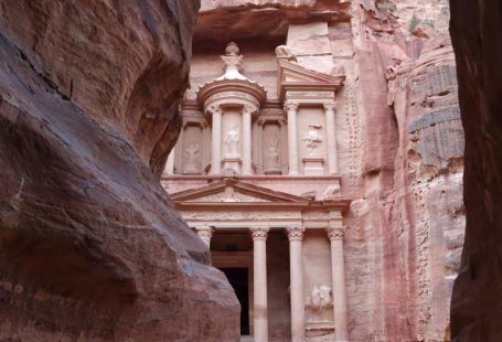Ancient Petra - a building built into the side of a cliff