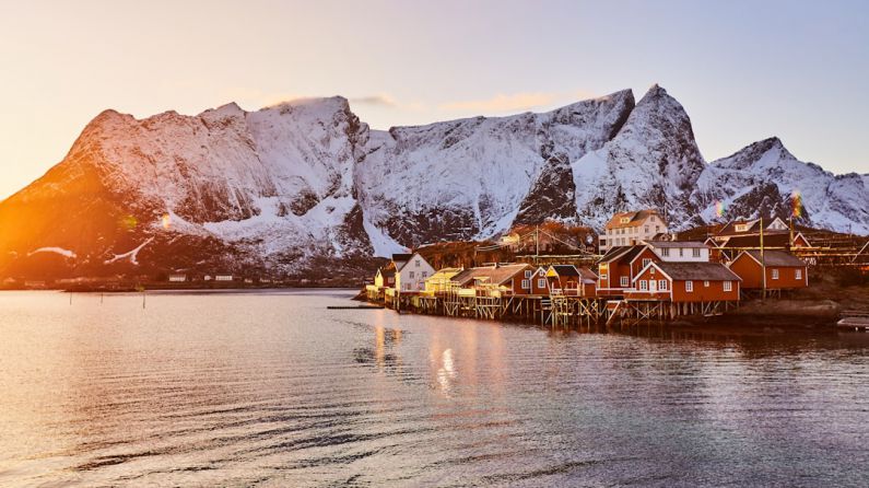 Lofoten - brown wooden house on body of water near mountain during daytime